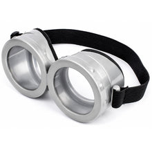 Industrial-style goggles with a brushed silver metal frame and a black elastic strap, shown on a plain white background.