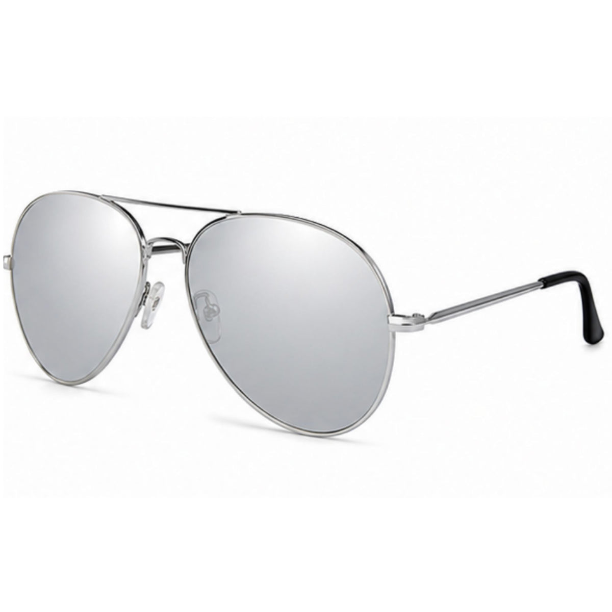 Silver aviator sunglasses with mirrored lenses and a thin metal frame, shown on a plain white background.