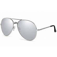 Silver aviator sunglasses with mirrored lenses and a thin metal frame, shown on a plain white background.