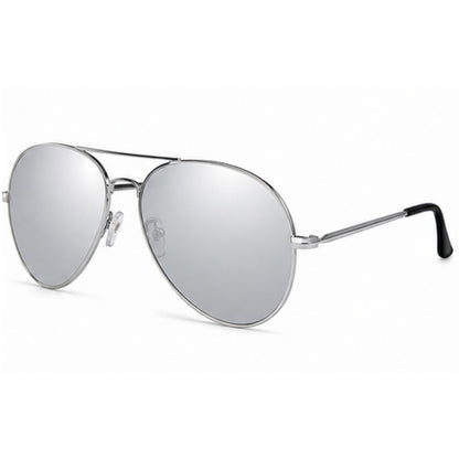 Silver aviator sunglasses with mirrored lenses and a thin metal frame, shown on a plain white background.