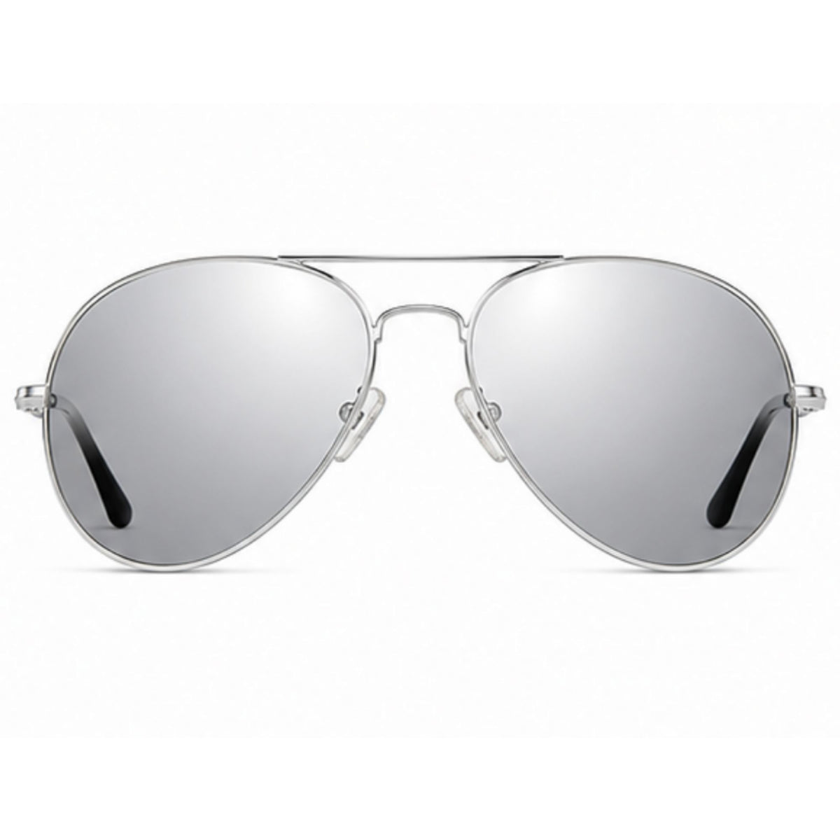 Silver aviator sunglasses with mirrored lenses and a thin metal frame, shown against a plain white background.