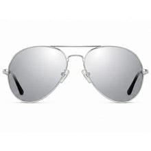 Silver aviator sunglasses with mirrored lenses and a thin metal frame, shown against a plain white background.