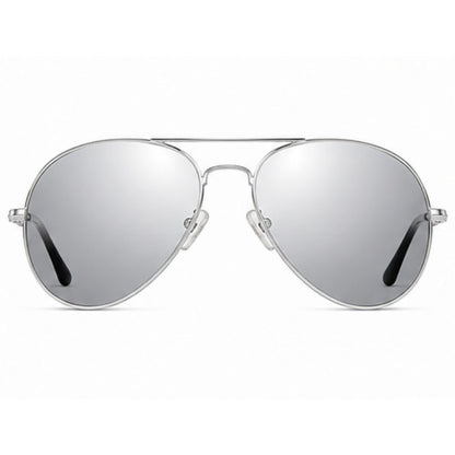 Silver aviator sunglasses with mirrored lenses and a thin metal frame, shown against a plain white background.