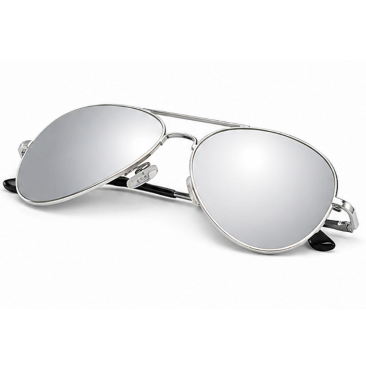 Silver aviator sunglasses with mirrored lenses and a thin metal frame, shown on a plain white background.