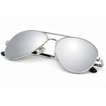 Silver aviator sunglasses with mirrored lenses and a thin metal frame, shown on a plain white background.