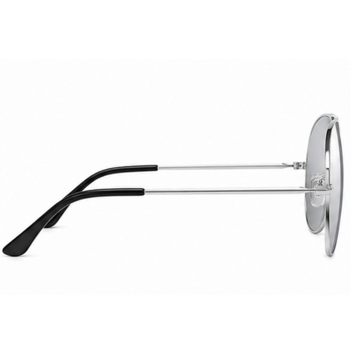 A pair of round silver-framed sunglasses with black temple arms, shown in side profile against a plain white background.