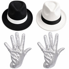 A set of costume accessories featuring two fedora hats, one black with a white band and one white with a black band, alongside a pair of sparkling silver sequin gloves, all displayed on a clean white background.