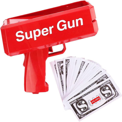 Red toy gun labeled 'Super Gun' with dollar bill money gun props on a white background