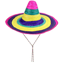 Colorful straw hat with a pink top and multicolored band on a white background