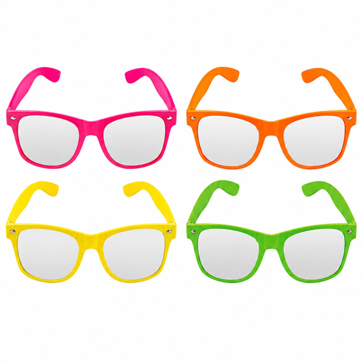 Four pairs of novelty sunglasses arranged in a 2x2 grid on a white background, featuring bright pink, orange, yellow, and green frames with clear lenses.