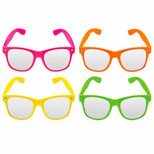 Four pairs of novelty sunglasses arranged in a 2x2 grid on a white background, featuring bright pink, orange, yellow, and green frames with clear lenses.