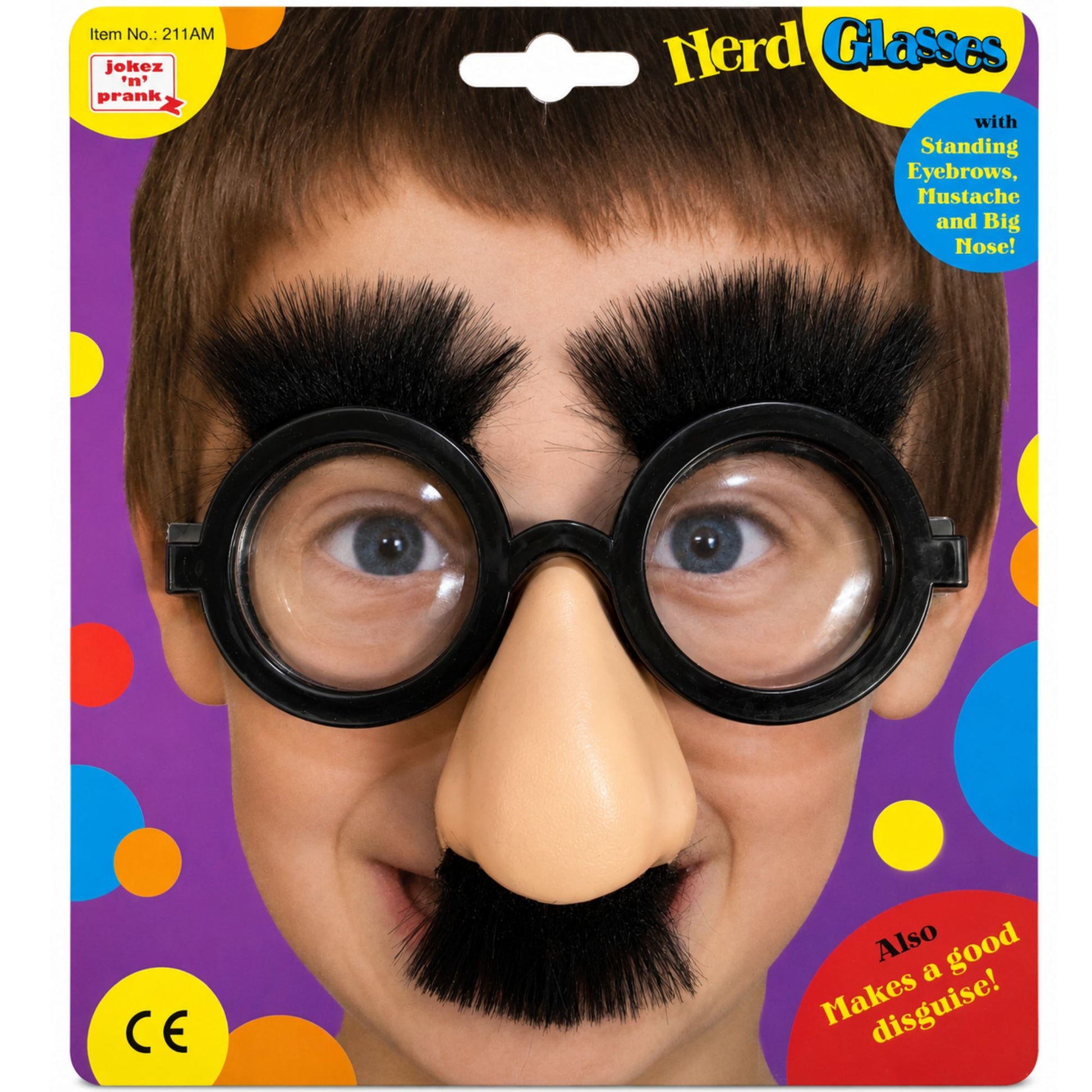 Nerd Glasses costume accessory set in retail packaging, featuring round black plastic glasses with attached thick black fake eyebrows, mustache, and eyelashes, shown on a child's face against a purple background with colorful polka dots.