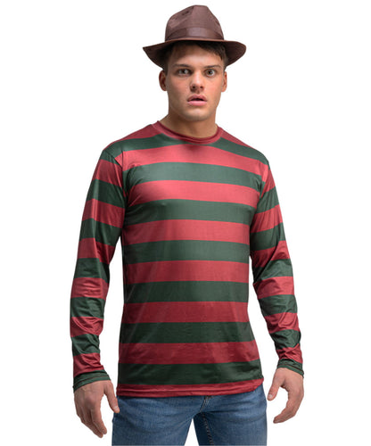 A man wearing a Freddy Krueger-style long-sleeve striped shirt with red and dark green horizontal bands, a brown fedora hat, and blue jeans, photographed against a plain white background.