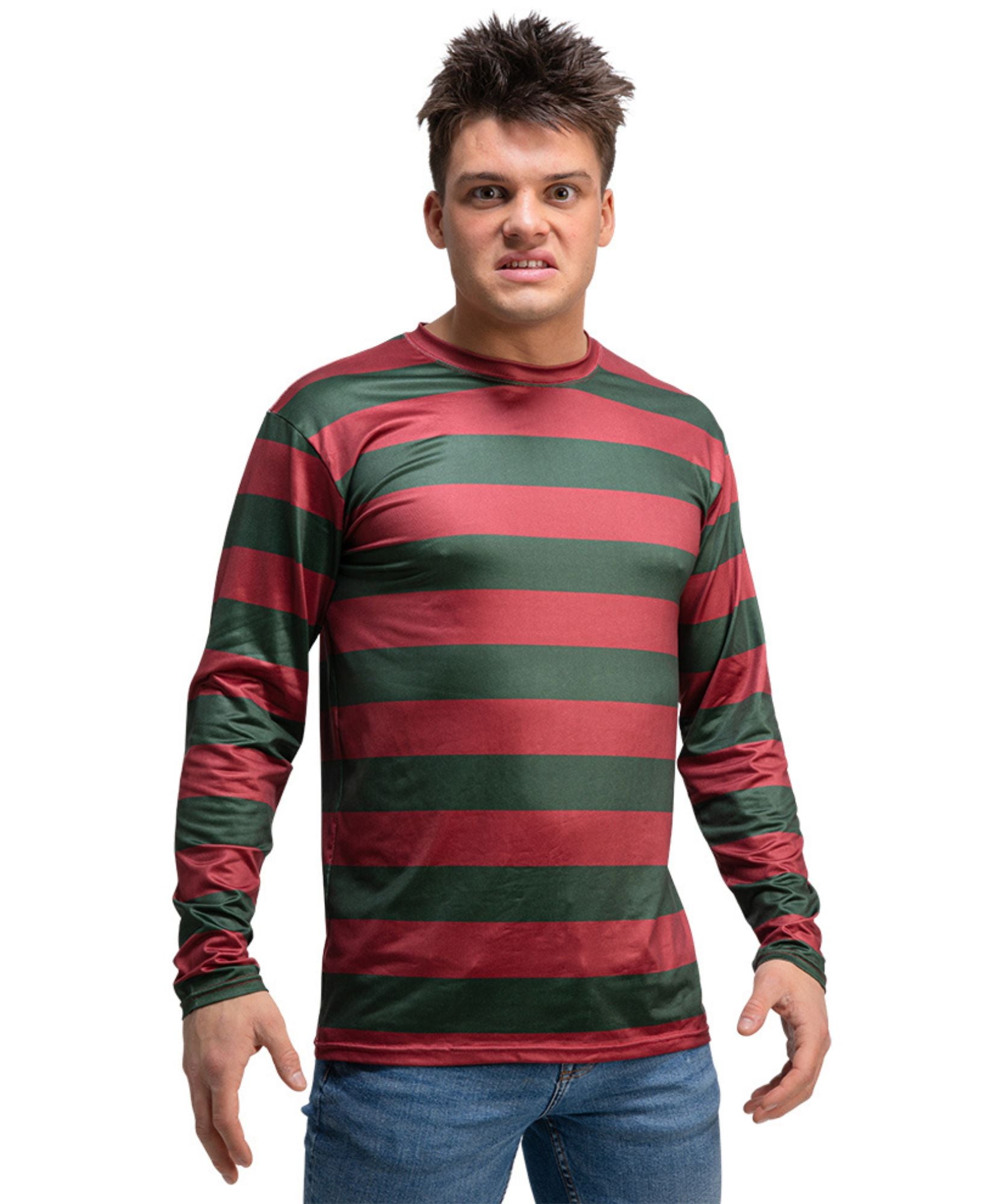 A man wearing a long-sleeve crewneck shirt with horizontal red and dark green stripes, paired with blue jeans, against a plain white background.