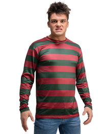 A man wearing a long-sleeve crewneck shirt with horizontal red and dark green stripes, paired with blue jeans, against a plain white background.