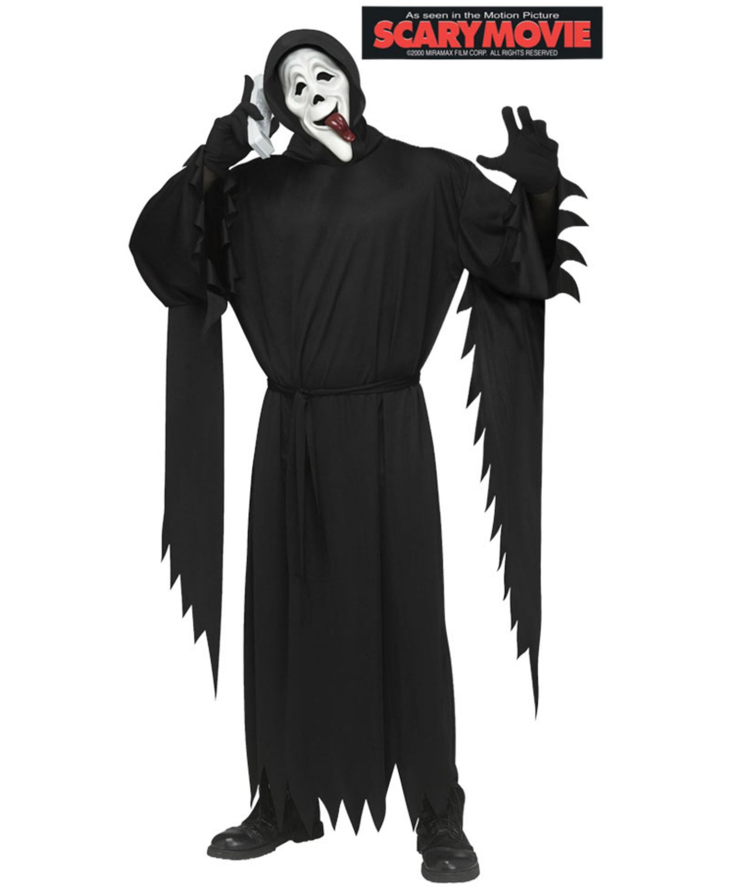 A person wearing a Ghostface-style Halloween costume from Scary Movie, including a black hooded robe with jagged sleeves and hem, a white mask with red lips, and black shoes, on a plain white background. The Scary Movie logo appears in the top right corner.
