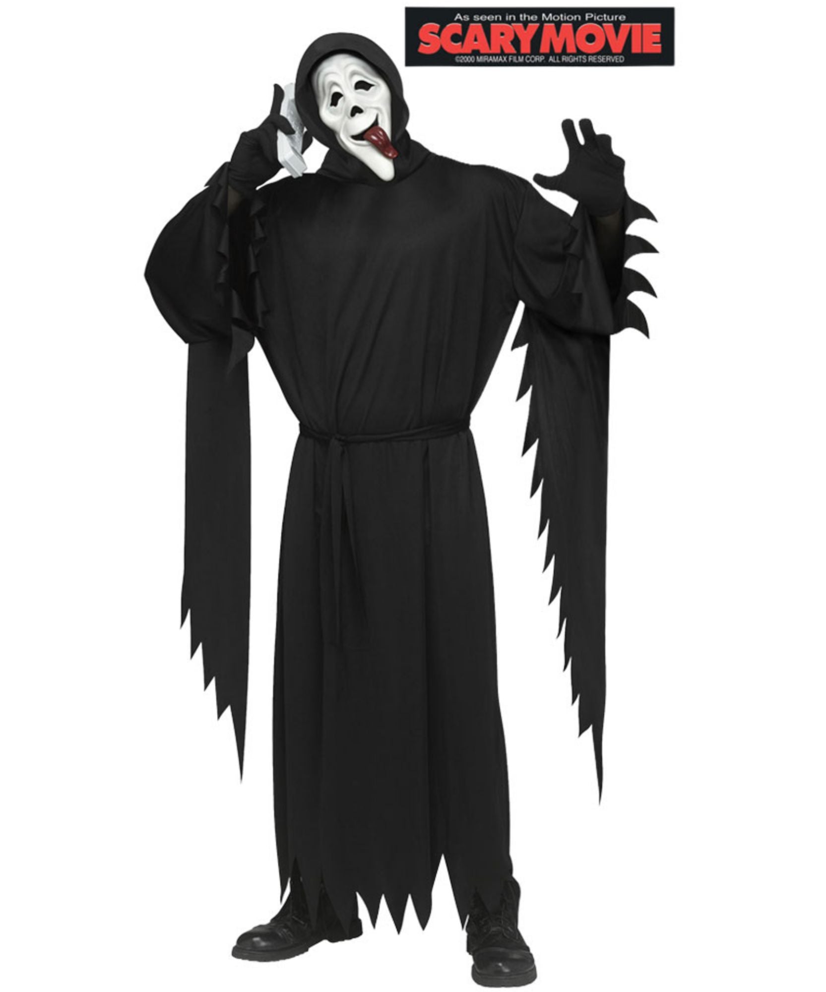A person wearing a Ghostface-style Halloween costume from Scary Movie, including a black hooded robe with jagged sleeves and hem, a white mask with red lips, and black shoes, on a plain white background. The Scary Movie logo appears in the top right corner.