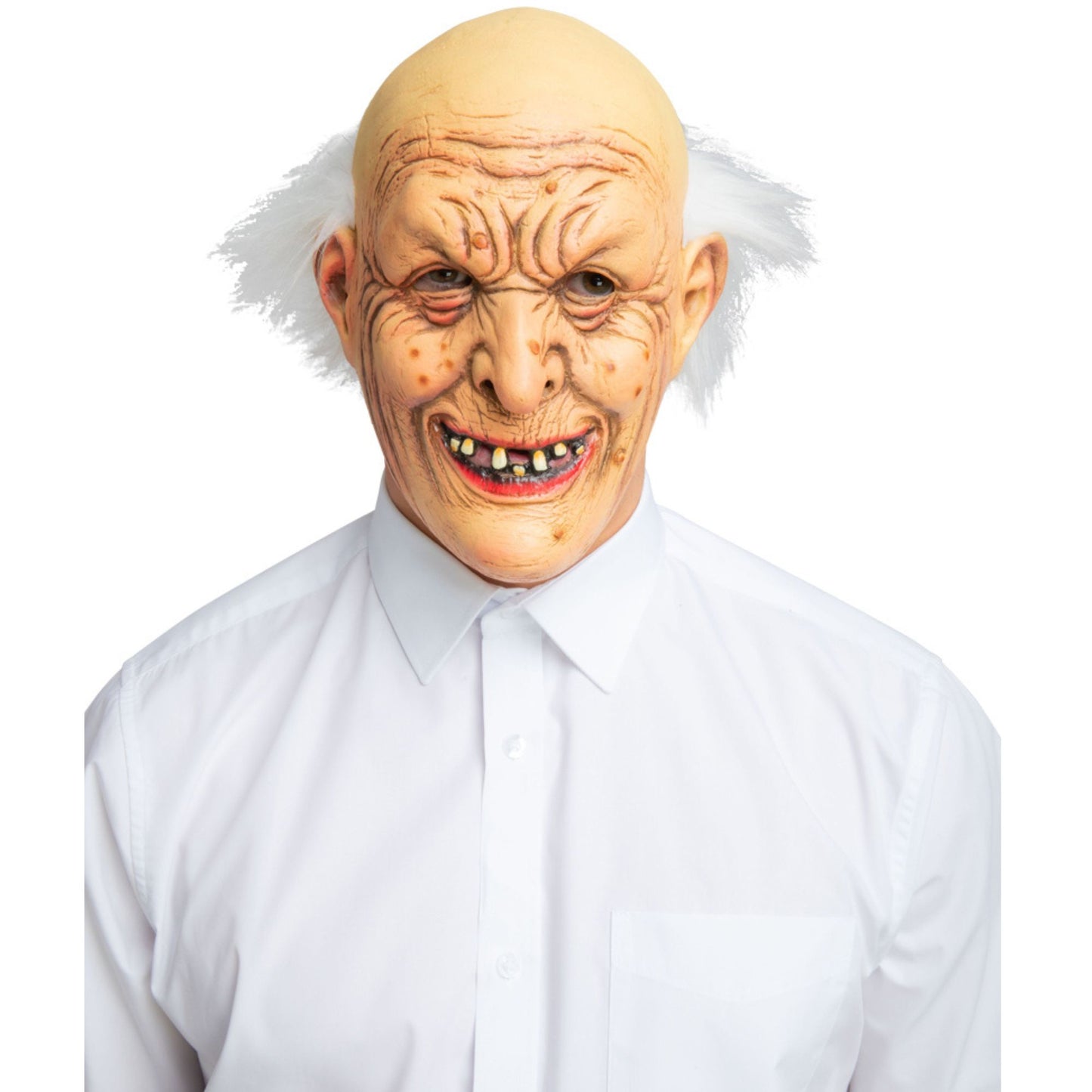 A person wearing a realistic bald old man mask with wrinkled skin, red lips, and white hair, paired with a white button-up shirt, against a plain white background.