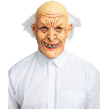 A person wearing a realistic bald old man mask with wrinkled skin, red lips, and white hair, paired with a white button-up shirt, against a plain white background.