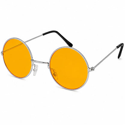 Round metal-frame sunglasses with vibrant orange-yellow lenses and black temple tips, shown on a plain white background.