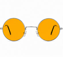 Round metal-framed sunglasses with vibrant orange-yellow lenses, shown against a plain white background.