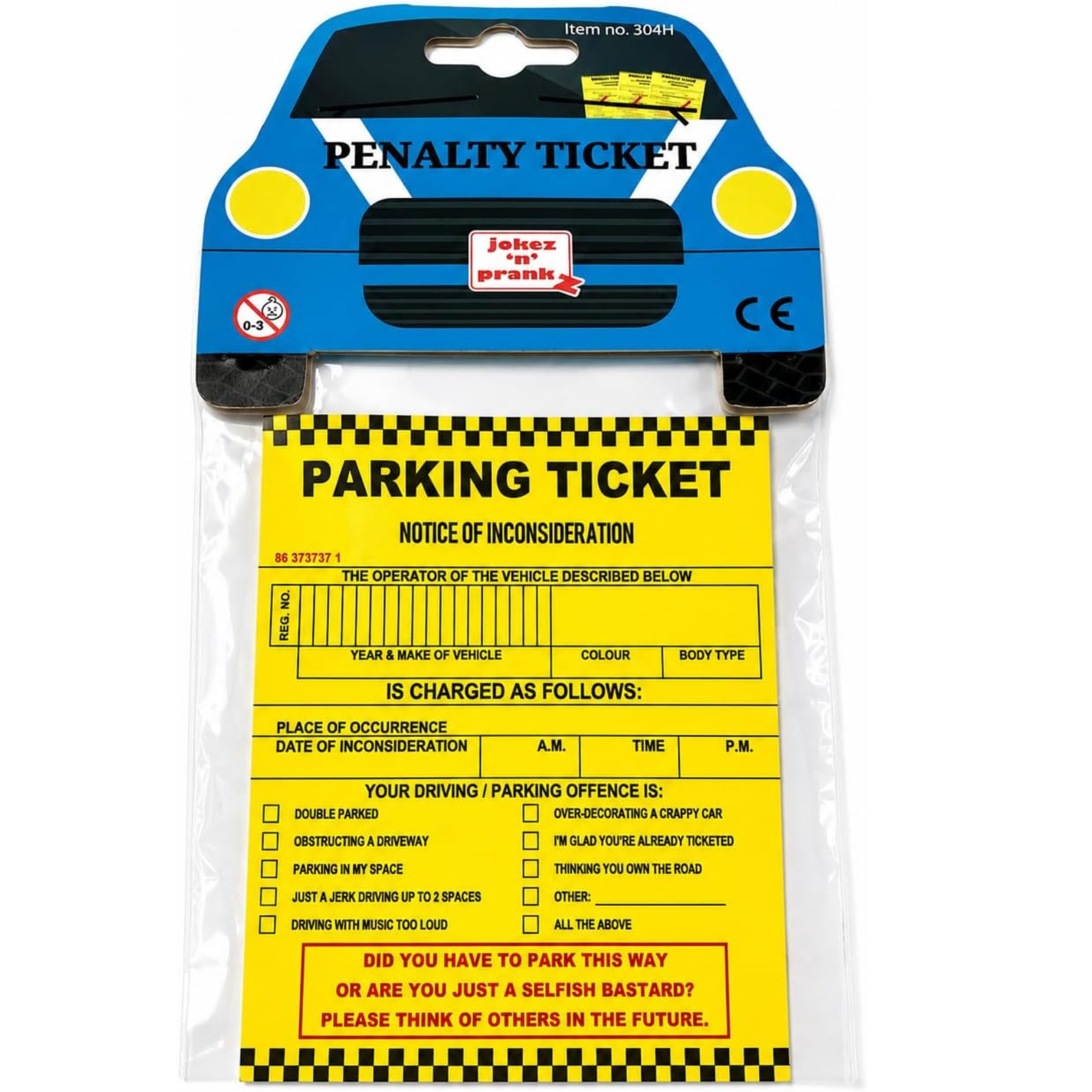 A novelty 'Penalty Ticket' and 'Parking Ticket' novelty item from the brand 'Jokes or pranks', packaged in a clear plastic bag with a blue car-shaped header card and a yellow paper insert.
