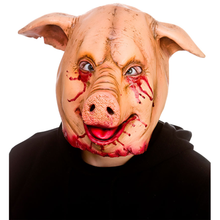 A person wearing a realistic severed pig mask with bloody details and a black hoodie against a plain white background.