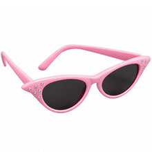 Pink cat-eye sunglasses with dark lenses and small rhinestone accents on the temples, shown on a plain white background.