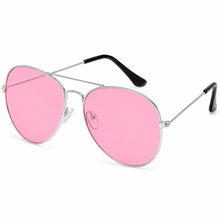 A pair of aviator-style sunglasses with bright pink lenses and a thin silver metal frame, shown on a clean white background.