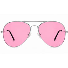 A pair of aviator-style sunglasses with bright pink lenses and a thin silver metal frame, shown against a plain white background.