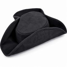 A black pirate-style tricorn hat with a soft, velvety texture, shown on a clean white background.