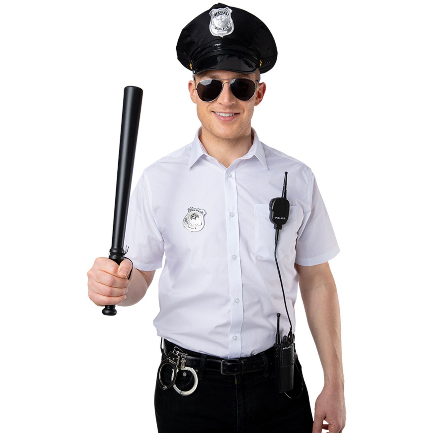 Person in police costume holding a baton on a white background