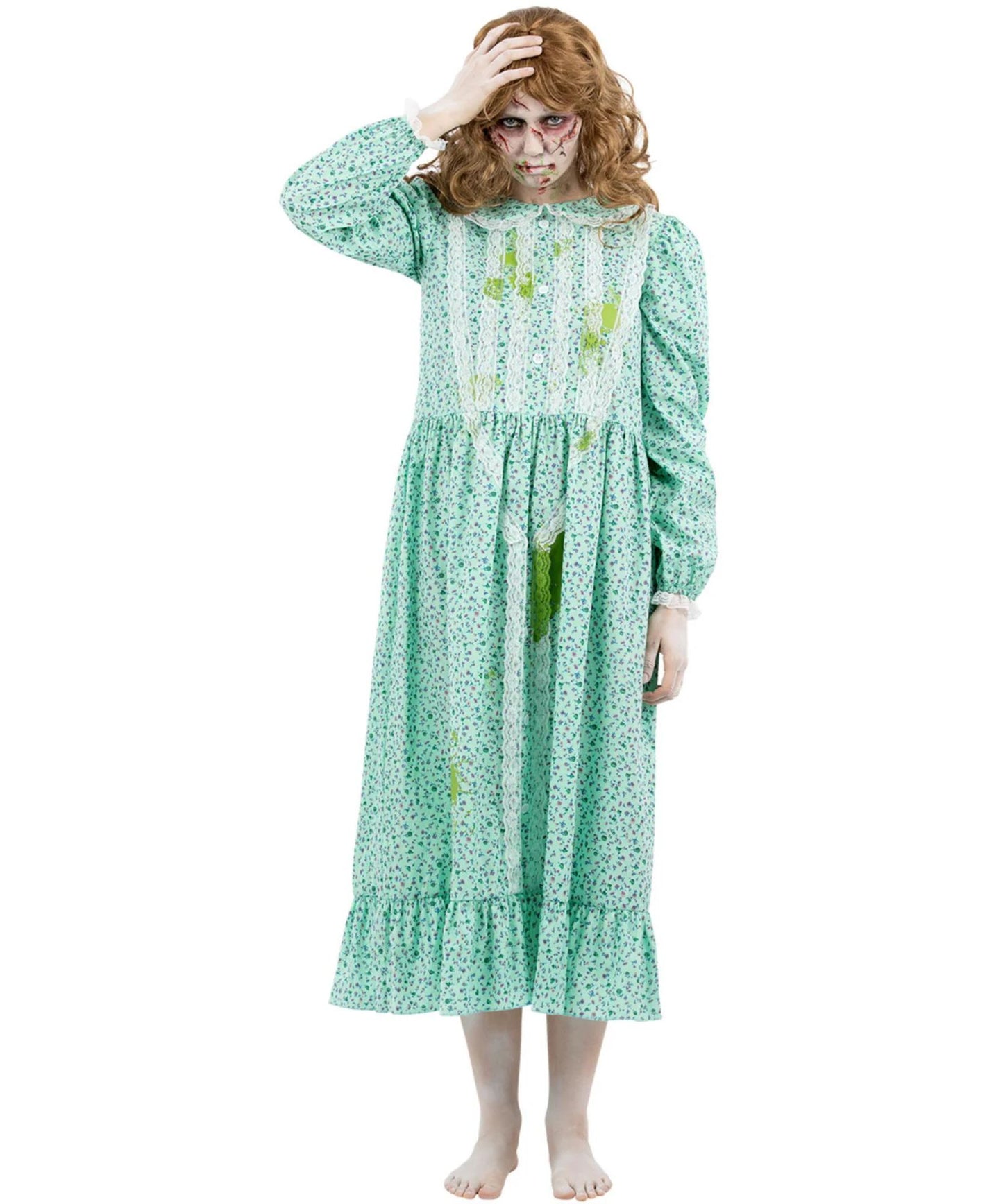 A model wearing a zombie-style costume dress in a mint green and white floral print with fake blood splatters, standing against a plain white background.