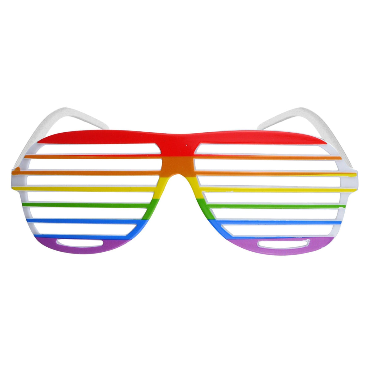 Rainbow striped sunglasses with white frame on a white background