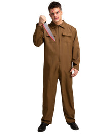 A man modeling a brown full-body jumpsuit costume against a plain white background, holding a toy knife in one hand.