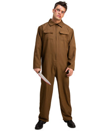 A man modeling a brown one-piece jumpsuit costume against a plain white background, holding a silver knife prop.