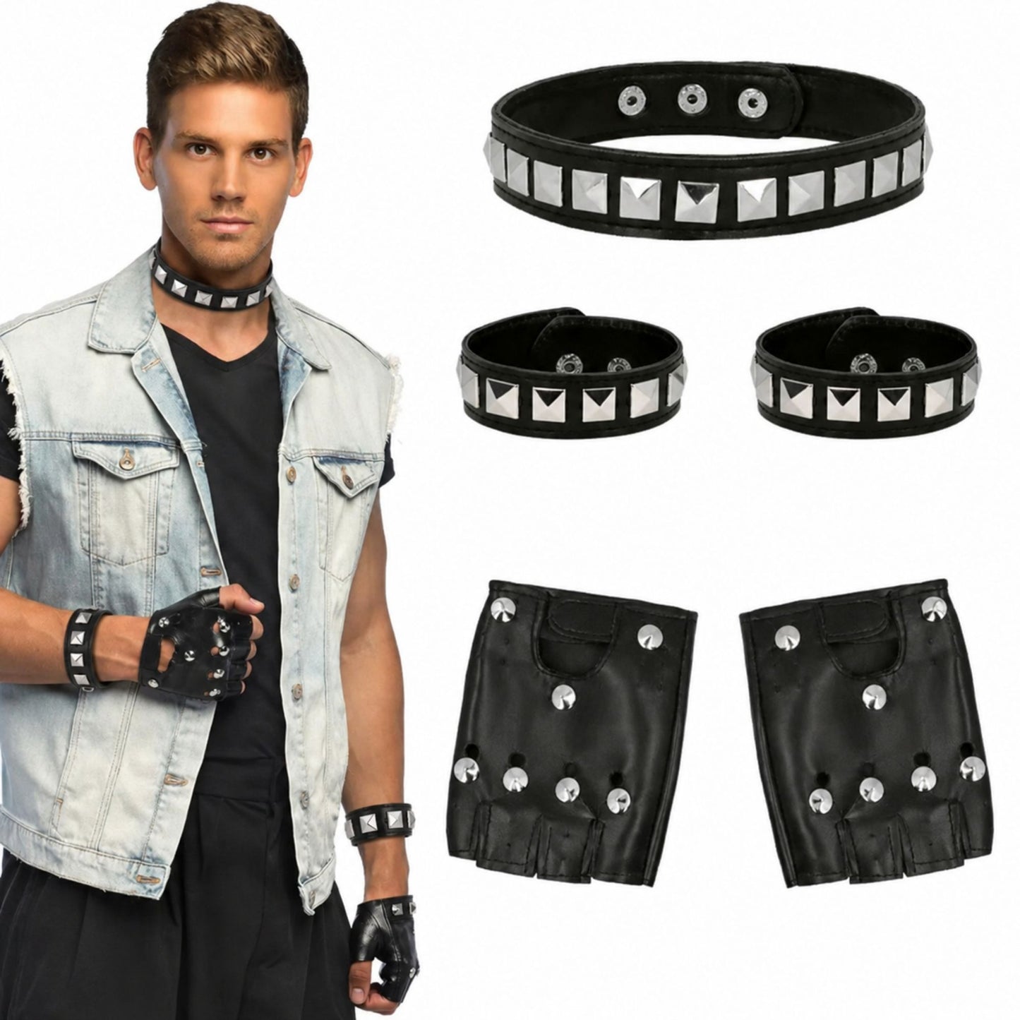 Man wearing a denim vest with studded leather accessories on a white background