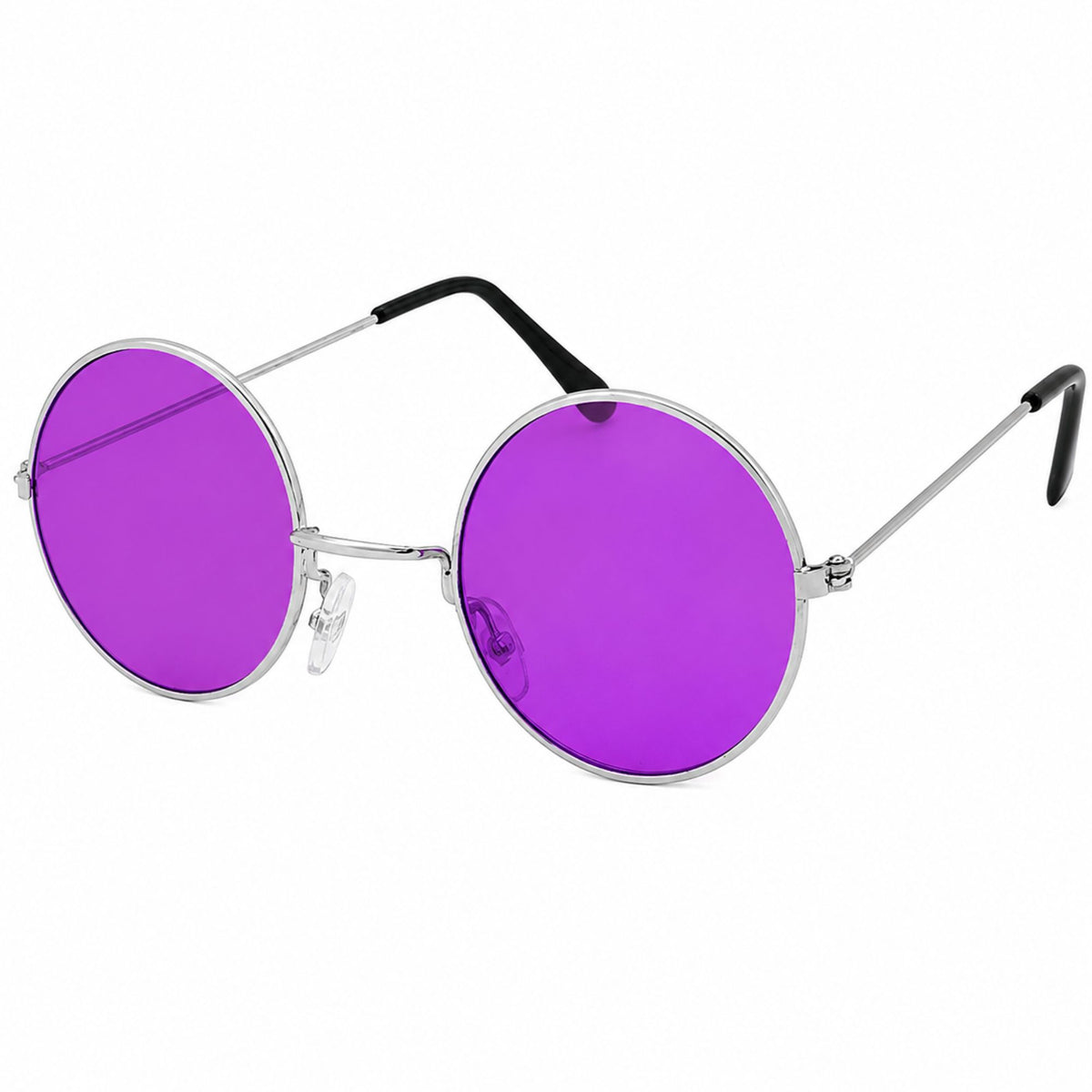 Round sunglasses with vibrant purple lenses, a thin silver metal frame, and black temple tips, shown on a plain white background.