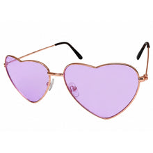 Heart-shaped sunglasses with light purple lenses and a rose gold metal frame, shown on a plain white background.