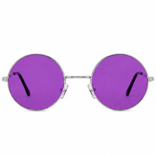 Round sunglasses with vibrant purple lenses and a thin silver metal frame, shown against a plain white background.