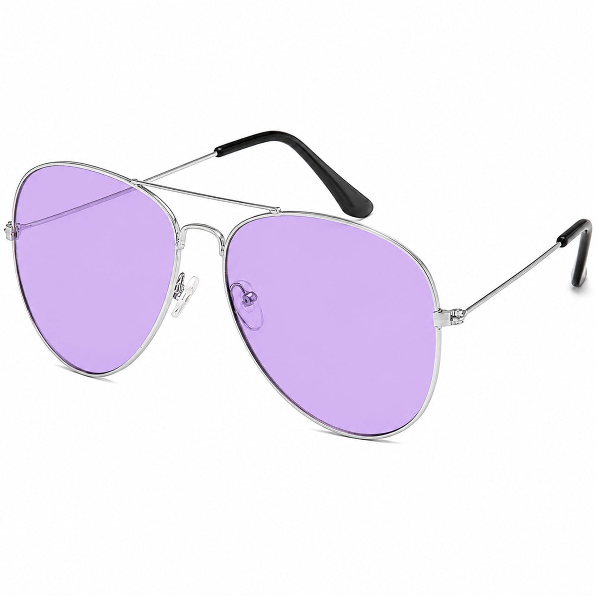 A pair of aviator-style sunglasses with light purple lenses, a thin silver metal frame, and black temple tips, shown on a plain white background.