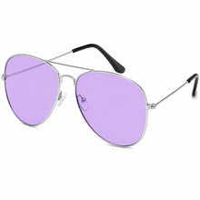 A pair of aviator-style sunglasses with light purple lenses, a thin silver metal frame, and black temple tips, shown on a plain white background.