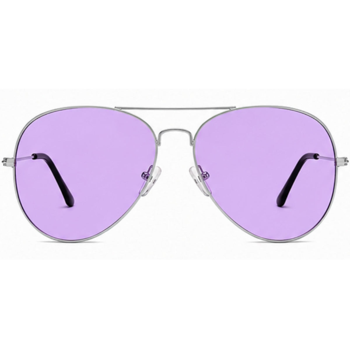 A pair of aviator-style sunglasses with a thin silver metal frame and light purple lenses, shown against a plain white background.