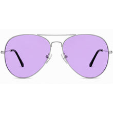 A pair of aviator-style sunglasses with a thin silver metal frame and light purple lenses, shown against a plain white background.