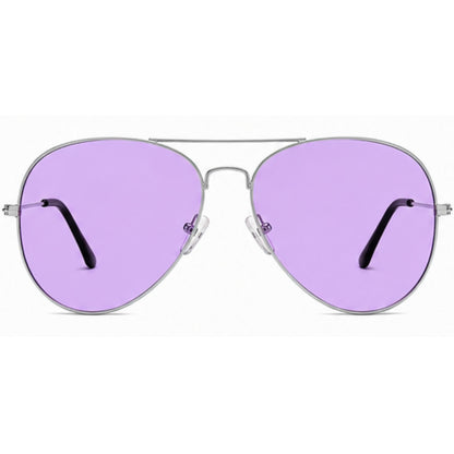 A pair of aviator-style sunglasses with a thin silver metal frame and light purple lenses, shown against a plain white background.