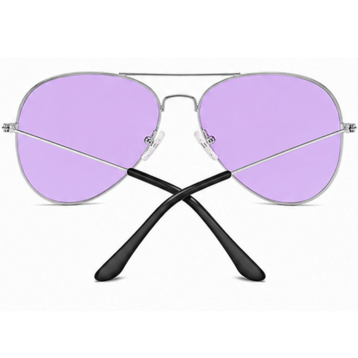 A pair of aviator-style sunglasses with light purple lenses, a thin silver metal frame, and black temple arms crossed in front, shown on a plain white background.