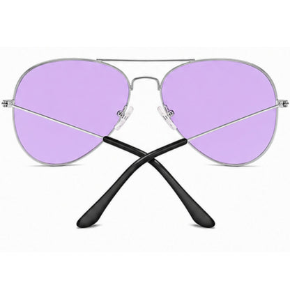 A pair of aviator-style sunglasses with light purple lenses, a thin silver metal frame, and black temple arms crossed in front, shown on a plain white background.