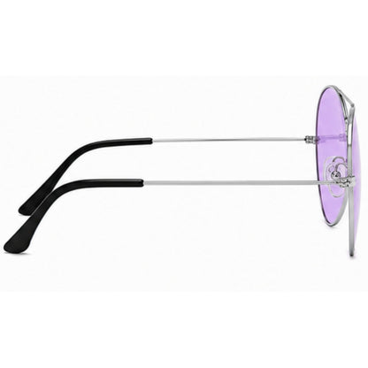 Oval sunglasses with thin silver metal frames, black temple tips, and light purple tinted lenses, shown from a side profile view on a white background.