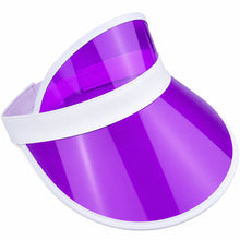 A clear plastic visor hat with a vibrant purple tint and a white fabric headband, shown on a plain white background.