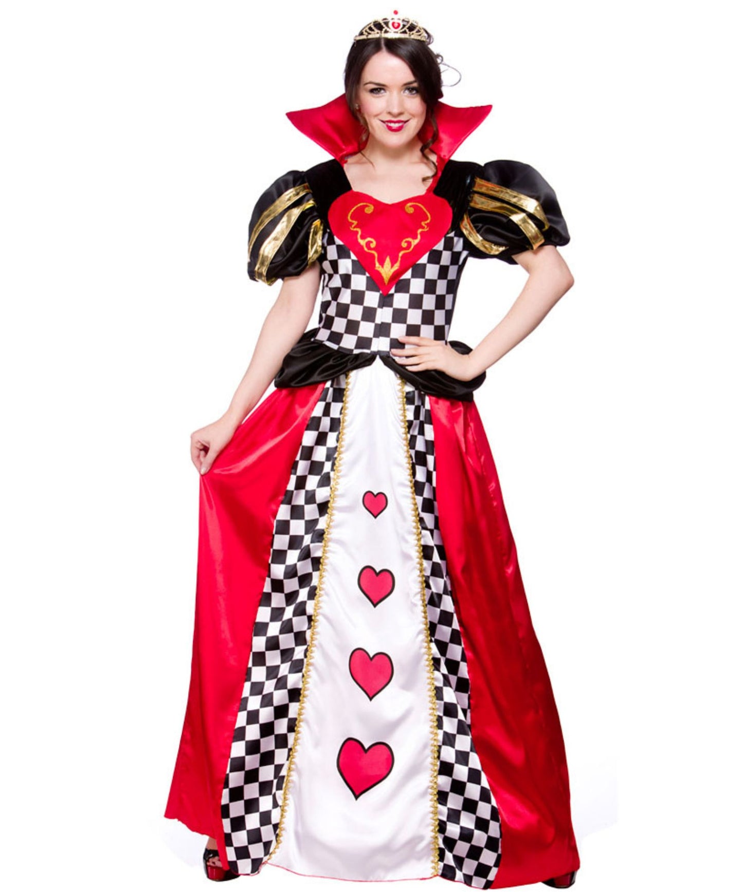 Person wearing a Queen of Hearts costume on a white background